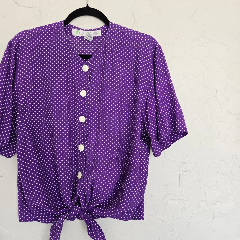 Vintage Chaus Polka Dot Button Up Tied Purple Top, L - Picture 3 of 9